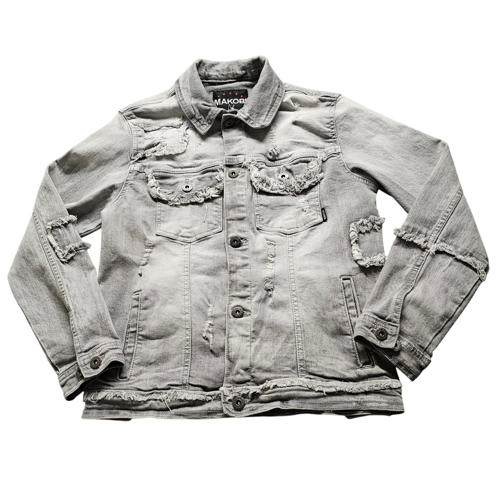 Makobi Distressed Denim Jacket Mens Small Gray Frayed Ripped Streetwear Trucker